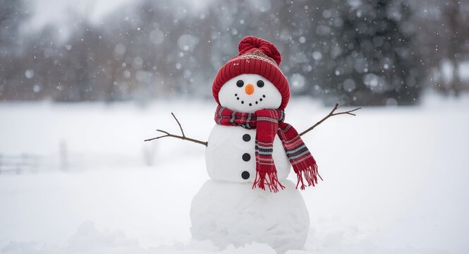 Snowman Wearing a Red Hat and Scarf in Falling Snow on a Winter Day