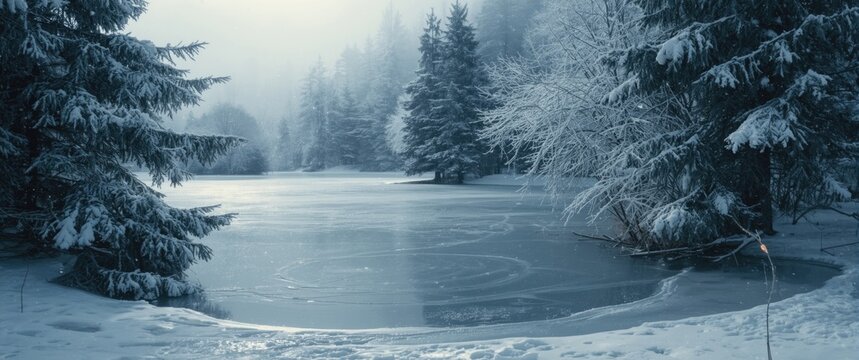 Frozen Lake Surrounded by Snow-Covered Trees - Winter Landscape, Calm Mood, Soft Light