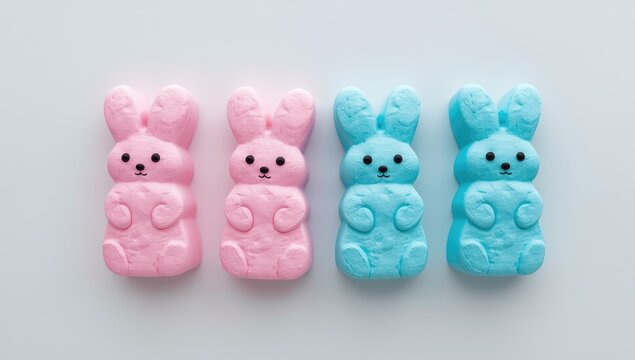 Pink and blue bunny-shaped marshmallow candies on white background