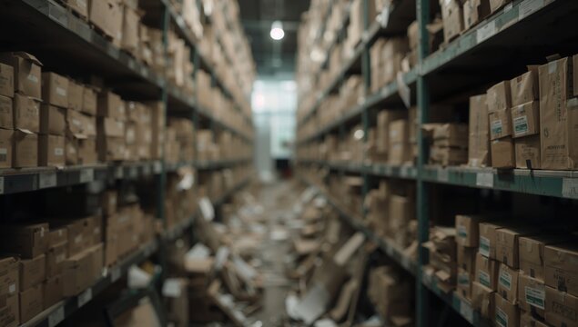 Cluttered Warehouse Aisle with Disorganized Cardboard Boxes and Dim Lighting