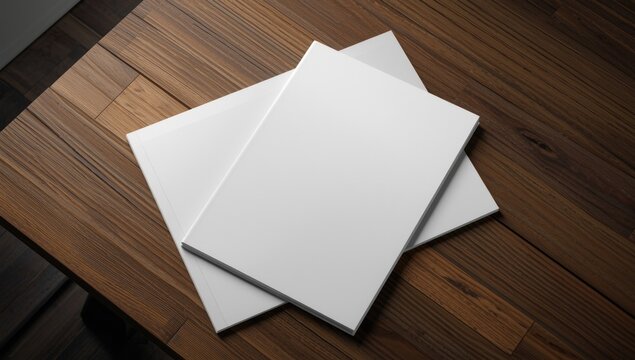 Stack of Blank Presentation Folders on a Wooden Table in Natural Light
