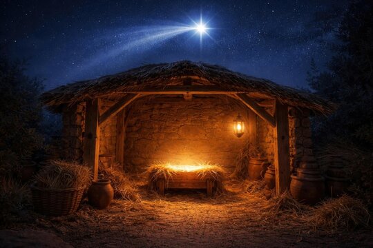 Illuminated Stable with Hay Under Starry Night Sky and Comet Light