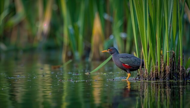 Moorhen Standing Among Reeds by Serene Water in Soft Evening Light