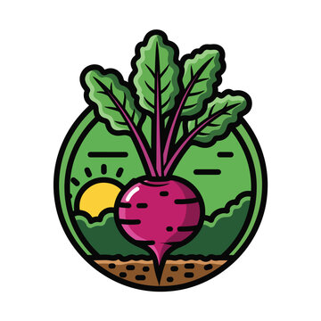 Cartoon Illustration of a Fresh Beetroot with Green Leaves.