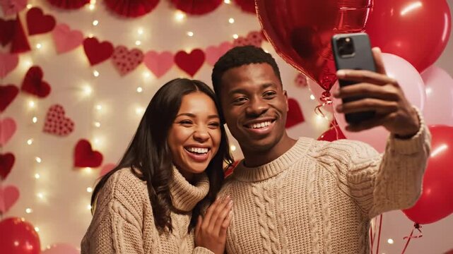 Happy multicultural couple taking a selfie during a romantic Valentine's Day celebration with heart decorations and balloons. Love, happiness, relationship, lifestyle and holiday concept.