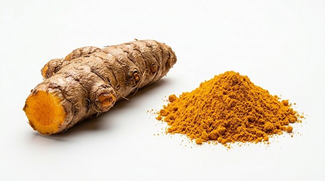 Fresh turmeric root and turmeric powder isolated on white background