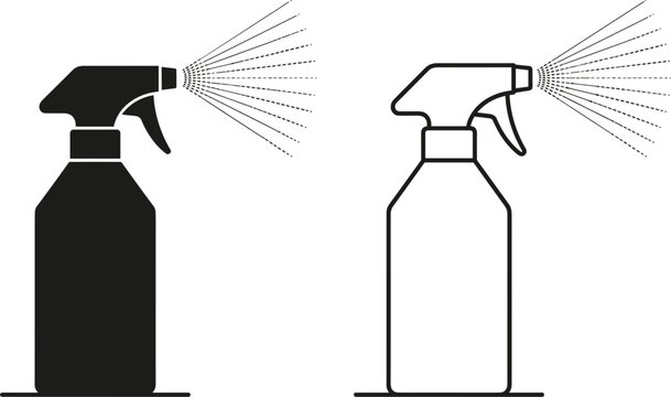 Spray bottle icon vector set showing plastic trigger sprayer misting liquid stream in solid black and outline linear style