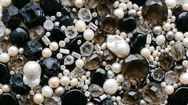 An intricate, high-angle shot of a collection of black onyx, pearls, smoky quartz, and clear crystals, arranged in a dense, textured pattern, jewelry or backgrounds, modern