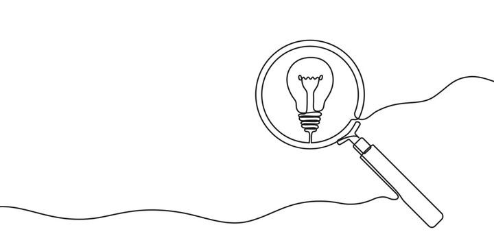 One continuous line illustration of electric light bulb inside magnifying glass. Continuous line drawing of magnifying glass lens with light bulb. Idea search concept. Vector.