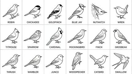 Fototapeta premium Educational collection of various North American bird species illustrations featuring robin, cardinal, blue jay, and woodpecker in a clean black and white line art style for design projects