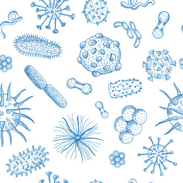 Hand drawn bacteria and virus sketch seamless vector pattern