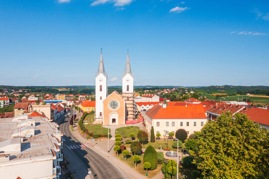 Aerial view church of St. Mary Magdalene in town of Cazma, Moslavina, Croatia

