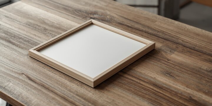 Wooden Frame with Empty White Canvas on Rustic Table
