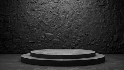 Circular Stage with Textured Dark Stone Wall Background in Dim Lighting © vxnaghiyev