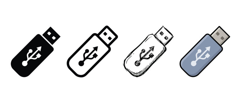 USB flash drive icons in different styles and colors isolated on transparent background for digital design projects