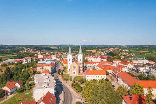 Aerial view church of St. Mary Magdalene in town of Cazma, Moslavina, Croatia
