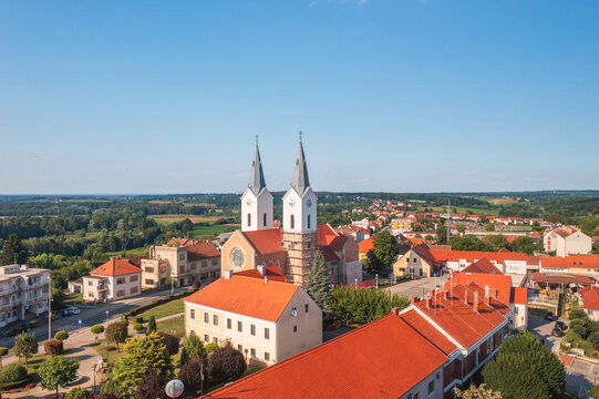 Aerial view church of St. Mary Magdalene in town of Cazma, Moslavina, Croatia
