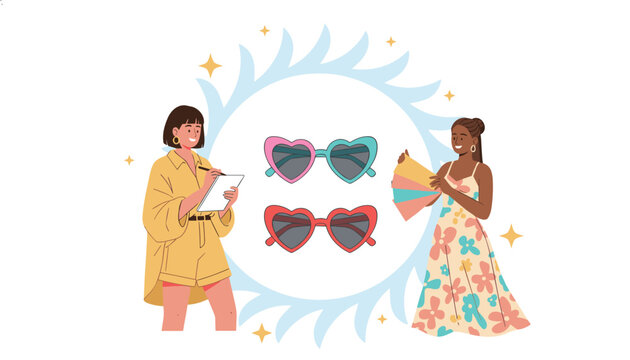 Stylized illustration of two women examining colorful heart-shaped glasses while choosing designs for a new fashion collection.