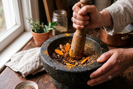 A person using a stone mortar and pestle to grind fresh turmeric and spices on a wooden table.