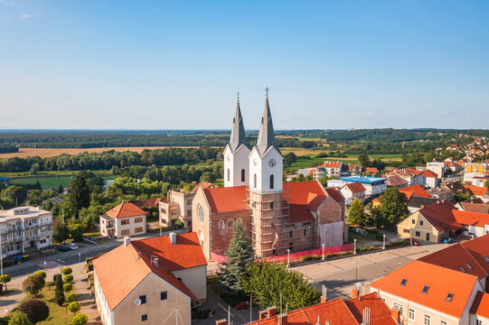 Aerial view church of St. Mary Magdalene in town of Cazma, Moslavina, Croatia
