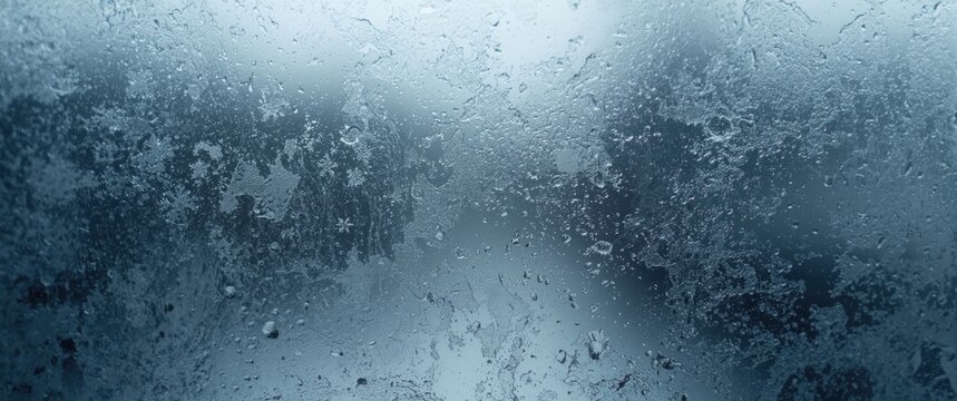 Frosted Window Glass with Water Drops and Cold Atmosphere