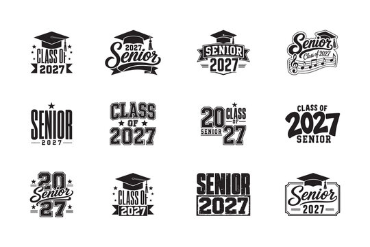 Senior 2027 Graduation Typography Collection with Class of 2027 Black and White Vector SVG Designs