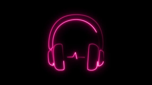 Glowing Pink Neon Headphones Icon with Soundwave Audio Equalizer Line on Dark Background for Music and D j Concept
