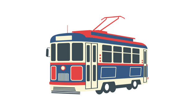 Blue and red electric tram car with an overhead pantograph connector depicted in a clean flat graphic design style.