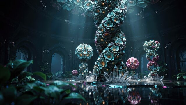 Surreal cinematic fantasy hall with giant floral sculptures and glowing crystals