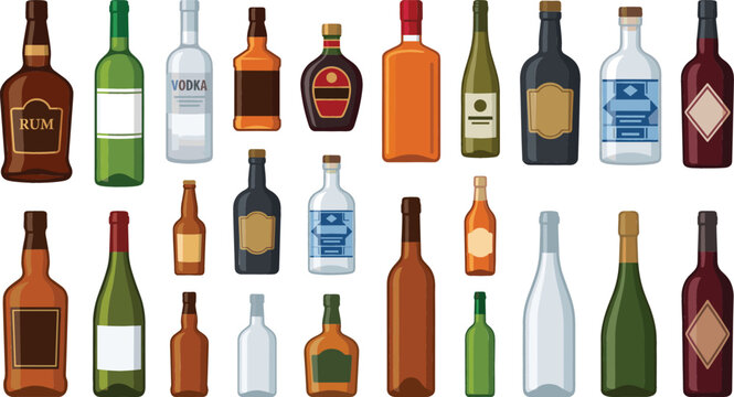 Alcohol bottle vector set with various glass bottles for rum vodka wine whiskey champagne gin brandy and liquor isolated on white background flat illustration