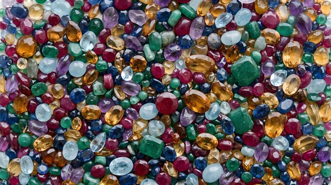 A vibrant, high-angle shot of a diverse collection of faceted gemstones in a rainbow of colors including red, blue, green, yellow, and purple, arranged densely to form a rich