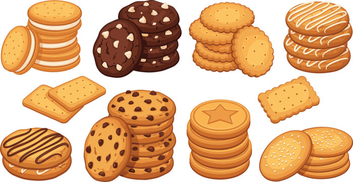 Delicious sweet cookie and biscuit set with chocolate chip cookies cream sandwich biscuits crackers and stacks of baked snacks isolated vector illustration