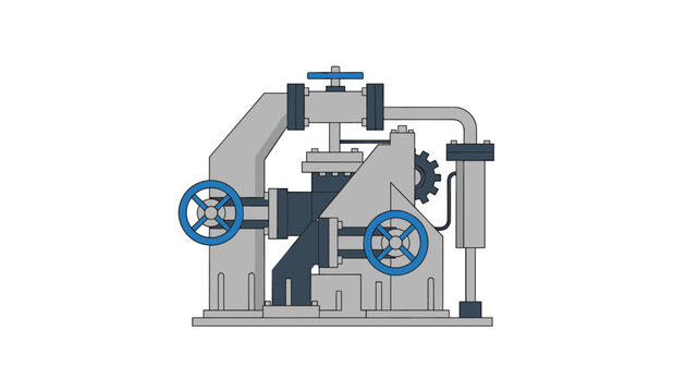 Complex mechanical pump assembly featuring industrial pipes, blue control valves, and internal gear mechanisms for fluid management.