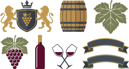 Winery and Vineyard Brand Badge Element Set Featuring Heraldic Lion Crest with Grape Shield Wooden Barrel Wine Bottle Glasses and Ribbon Banners Vector Design © Miss