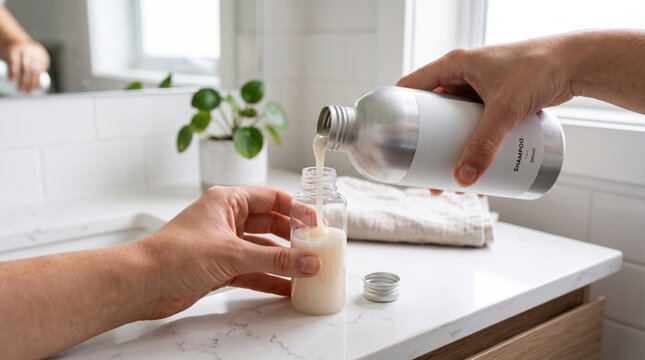 Decant shampoo into a small travel-sized bottle.