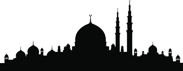 Black silhouette of a mosque skyline with domes and minarets Islamic architecture black and white © SUMAIA