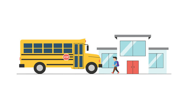 Student walking with backpack near a parked school bus outside an educational building in a minimalist vector style.