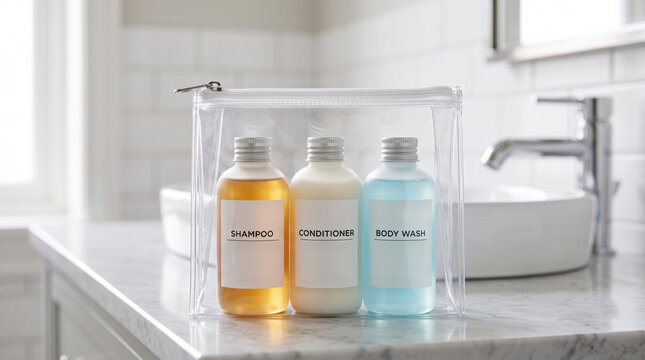 Pack travel-sized shampoo, conditioner, and body wash into a clear pouch.