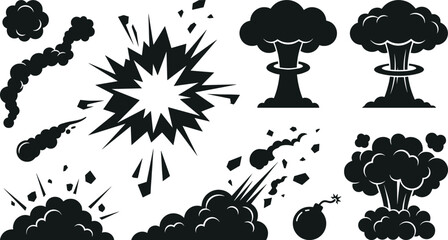 Black Explosion and Blast Silhouette Vector Icon Set Featuring Detonation Bursts Nuclear Mushroom Clouds Smoke Trails Bomb and Destruction Effects Design © Miss