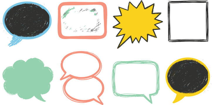 Hand Drawn Colorful Speech Bubble and Dialog Box Vector Set Featuring Textured Chalk Pencil Crayon Style Comic Star Oval Square and Cloud Bubbles