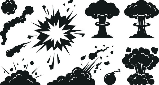 Black Explosion and Blast Silhouette Vector Icon Set Featuring Detonation Bursts Nuclear Mushroom Clouds Smoke Trails Bomb and Destruction Effects Design
