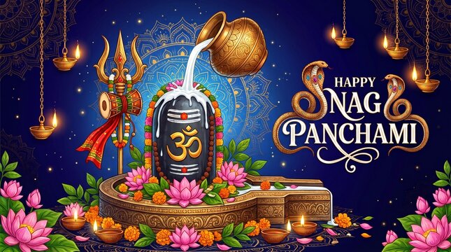 Happy nag panchami festival greeting with lord shiva lingam and trishul decorated with lotus flowers on dark background By Kiran See Less