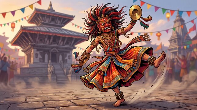 Lakhey Traditional Nepal Festival Dance Vector Illustration, Newari Cultural Character Design