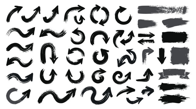 Hand drawn black ink arrows and grunge paint brush strokes collection for navigation symbols and decorative frame elements on isolated white background surface.