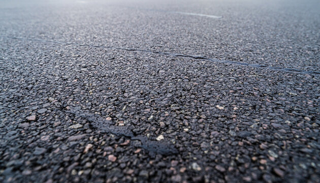 Close-up, low-angle view of a dark, textured asphalt road surface with small stones and minor cracks visible.