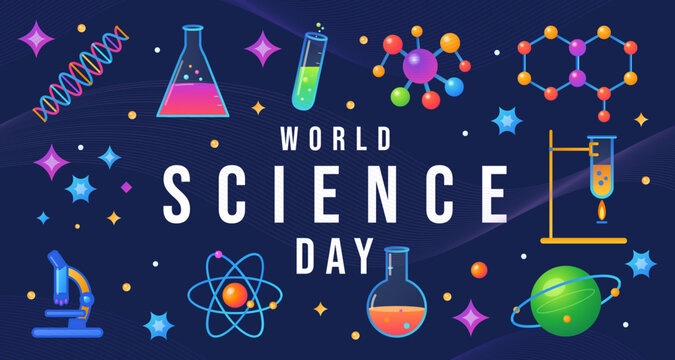 World science day background with microscope and laboratory glassware icons test tube scientific research laboratory