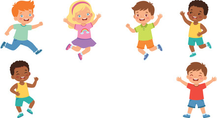 Happy diverse cartoon children jumping running and playing together set of cute multiethnic kids characters isolated on white background vector illustration