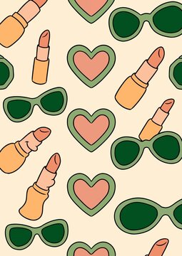 Seamless pattern with lipsticks, sunglasses, and hearts, vector background