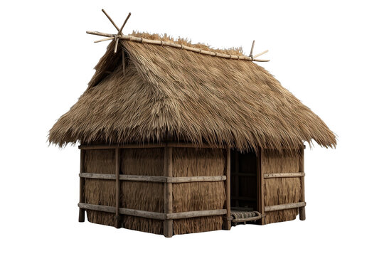 Traditional straw hut with thatched roof and wooden frame, standing as a rustic tropical dwelling on a transparent background
