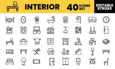 Obraz premium Comprehensive set of forty professional interior and furniture line icons for decorating a cozy home with bright clean lighting.